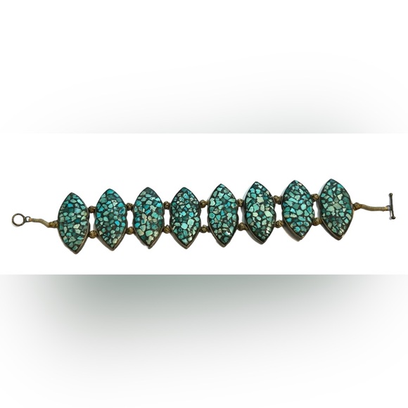Vtg Tibetan Silver Tone Turquoise Inlay Mosaic Toggle Bracelet 7